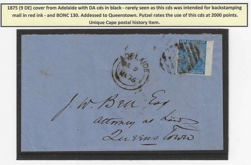 Cape 1875 (9 MR) rare ADELAIDE Double Arc cds in black with BONC 130 proving cover. See below.