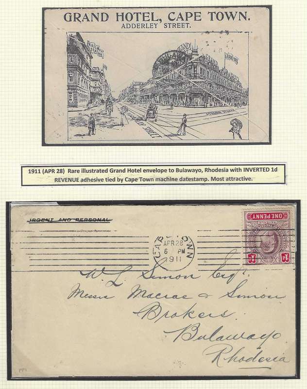 Cape rarity: Inverted Revenue on Grand Hotel envelope to Bulawayo. See below.