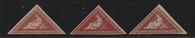 Cape 1864  Superb mint trio SACC 14, a, b /SG 18, 18b, 18c. CV R 71,000. See below.