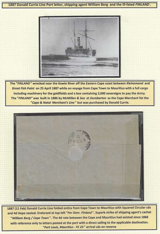 Cape 1887 Scarce shipping agent's entire Cape Town/Mauritius per "FINLAND". Very scarce. See below.