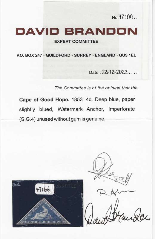 Cape 1853/63 SACC / SG 4 very fine unused with Brandon certificate. See below.