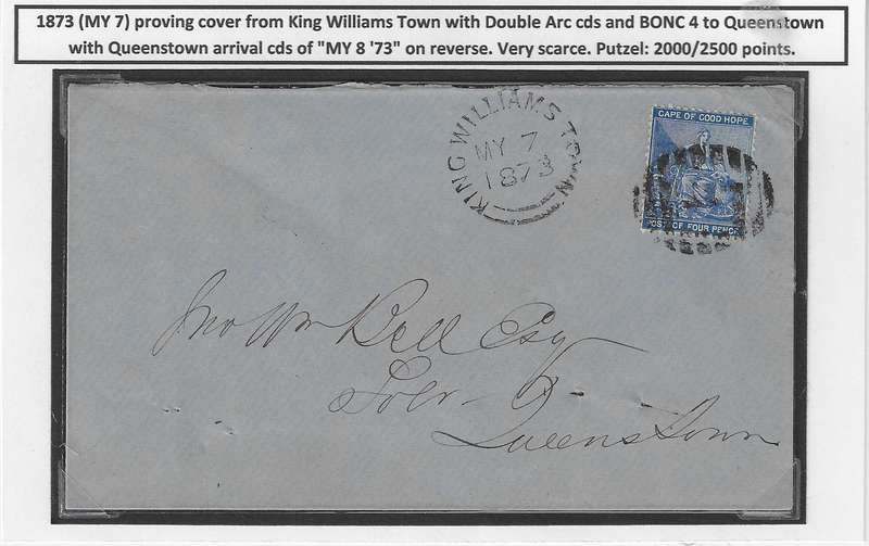 Cape 1873 Rare proving cover King Williams Town and BONC 4. Putzel 2000/2500 points. See below.