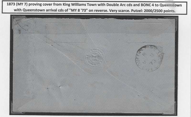 Cape 1873 Rare proving cover King Williams Town and BONC 4. Putzel 2000/2500 points. See below.