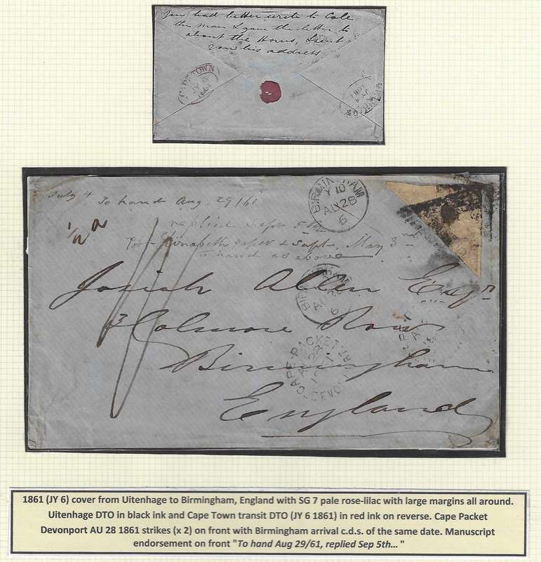 Cape 1861 Uitenhage DTO/Cape Town DTO/Devonport/Birmingham Packet letter (SG 7). Scarce. See below.