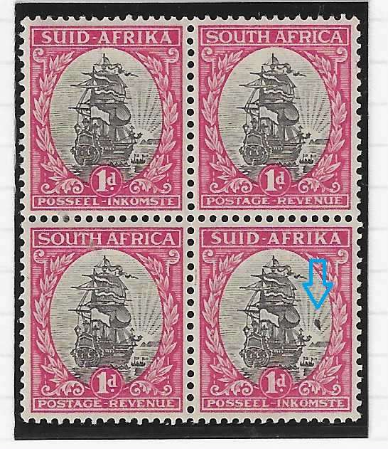 Union 1934 SACC 56  variety block - "Balloon in sunrays" 45B V 39. MNH. See below.