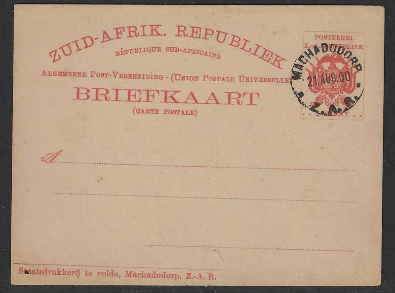 Transvaal 1900 Machadodorp Briefkaarte pair with pre-stamped example. See below.