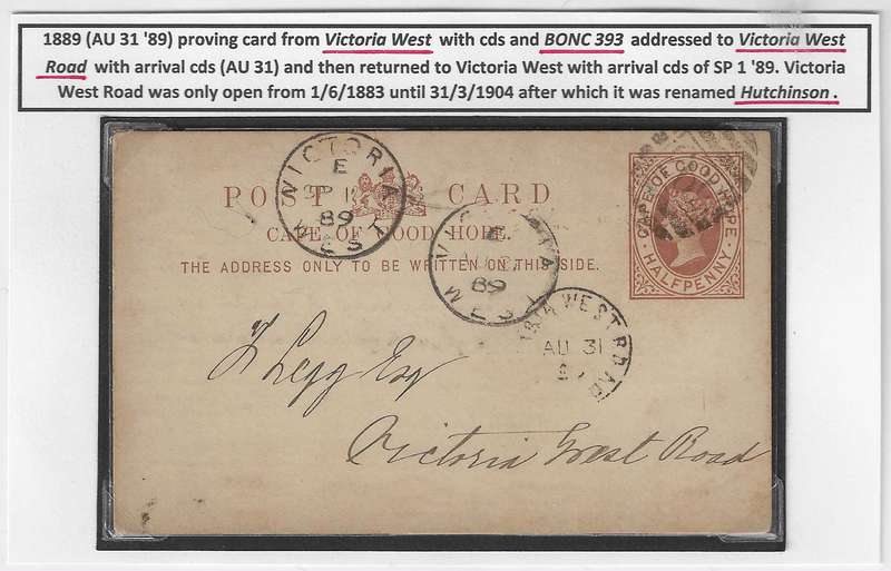 Cape 1889 Victoria West cds & BONC 393 proving card to Victoria West Road. Scarce. See below.