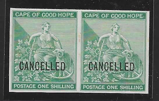 Cape 1872 one shilling green Imperforate Proof pair overprinted `CANCELLED`. See below.