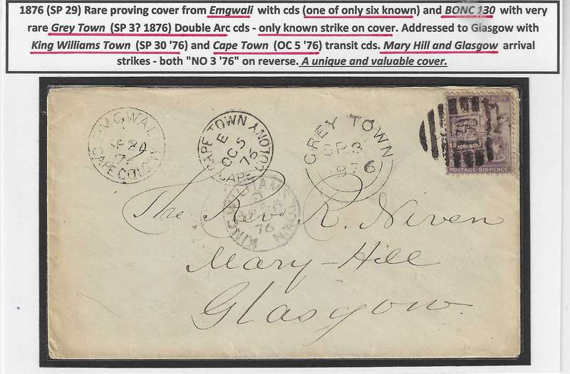 Cape rarity: unique 1876 proving cover Emgwali/BONC 130/Grey Town/KWT/Cape Town/Mary Hill/Glasgow.