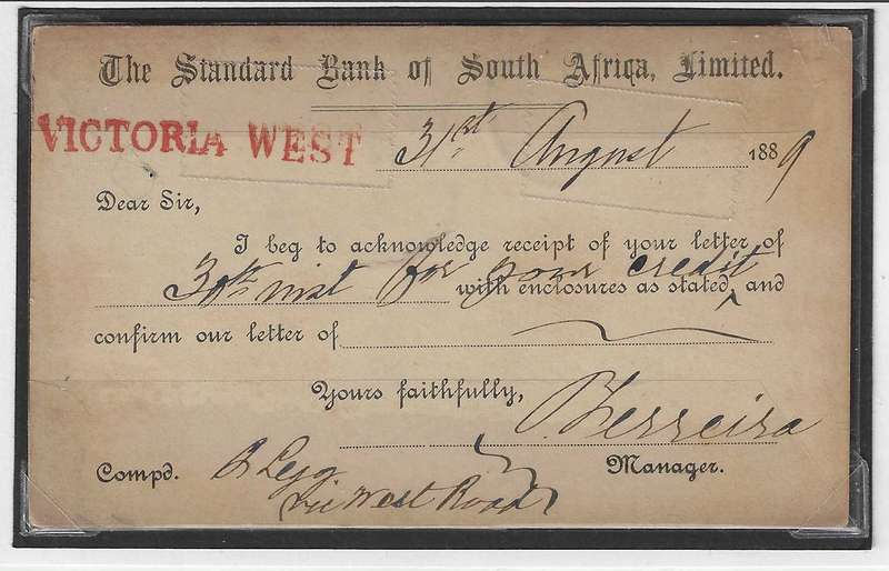 Cape 1889 Victoria West cds & BONC 393 proving card to Victoria West Road. Scarce. See below.
