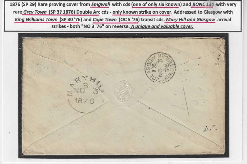 Cape rarity: unique 1876 proving cover Emgwali/BONC 130/Grey Town/KWT/Cape Town/Mary Hill/Glasgow.