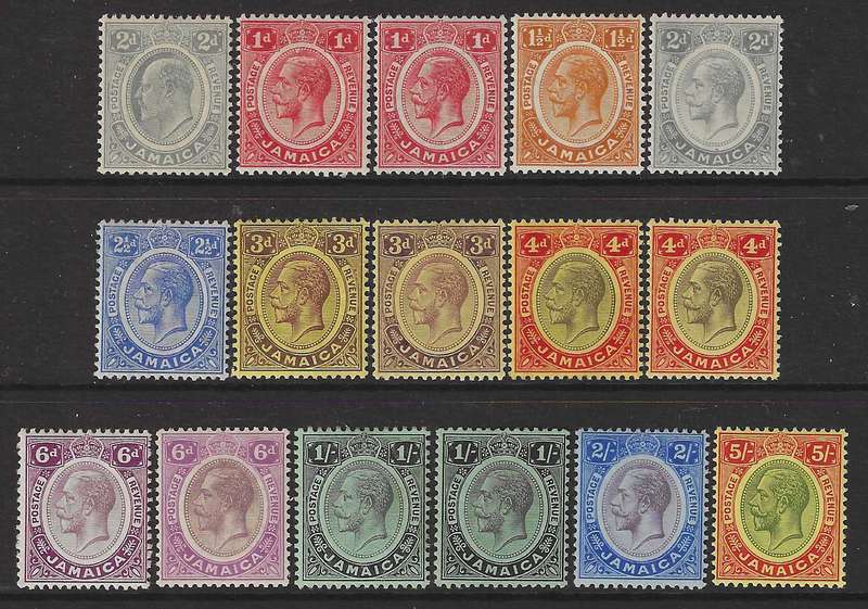 Jamaica 1912/20 ext. set of 16 VFM. CV GBP 195/R 4,500. SG 57/67a. See below.