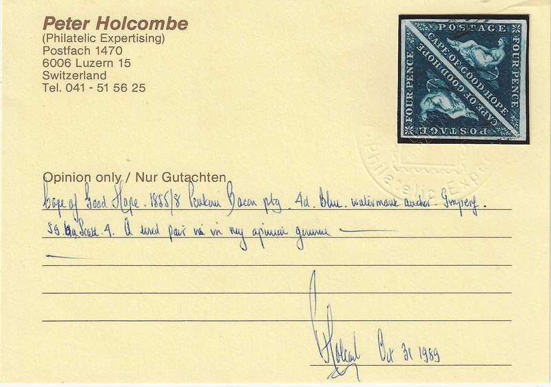 Cape 1853/63 SACC / SG 4a choice pair with Holcombe certificate. See below.