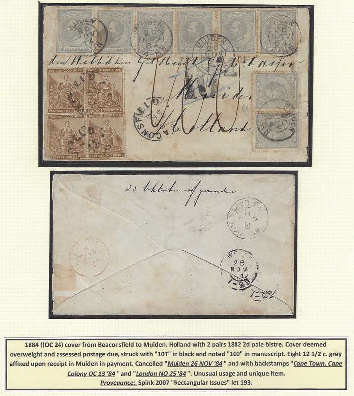 Cape 1884 (OC 24) Rare taxed cover Beaconsfield/Cape Town/London/Muiden, Holland. See below.