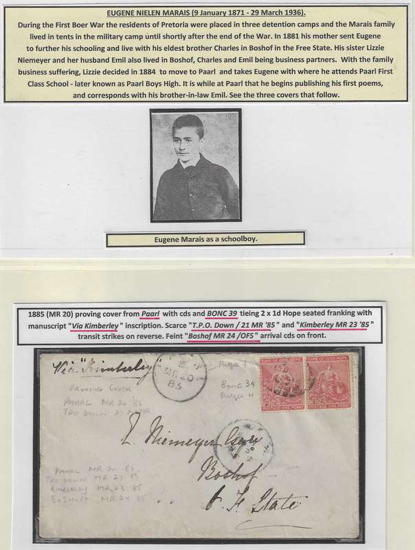 Cape 1885 Historic and scarce Eugene Marais trio of covers Paarl/Boshof. See below.