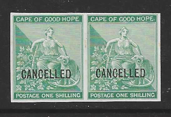 Cape 1872 PROOF IMPERF pair overprinted `CANCELLED`- one shilling green . See below.
