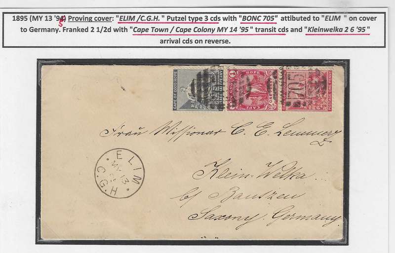 Cape 1895 proving cover Elim cds and BONC 705 to Germany.  See below.