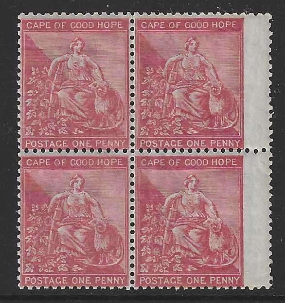 Cape 1865 1d rose-red MNH wing margin block. SACC 18a/SG 23a. See below.