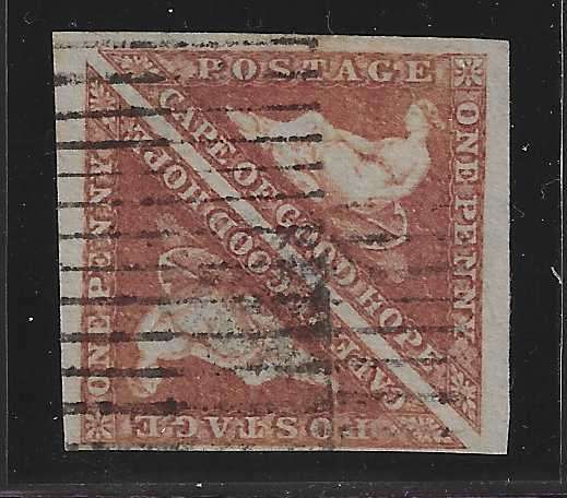 Cape 1858 rare GRAHAMSTOWN ROLLER defacer on SIDEWAYS WMK pair. SACC 5c / SG 5ba. See below.