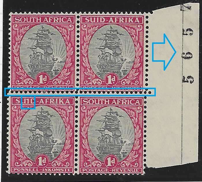 Union 1934 SACC 56a varieties - "1 for I", shifted perf line with sheet no. MNH. Scarce.  See below.