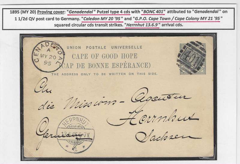 Cape 1895 Rare proving cover Genadendal cds and BONC 401 via Caledon & Cape Town to Germany.