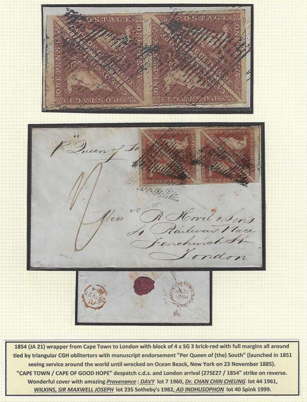 Cape 1854 SG 3 Rarity: Block of 4 on cover with outstanding provenance. See below.