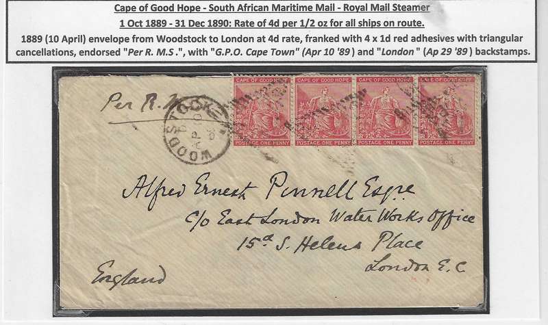 Cape 1889 Royal Mail Steamer cover Woodstock via Cape Town to London. See below.