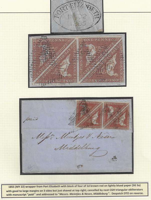 Cape 1855 SG 3a Rarity: Block of 4 on cover from Port Elizabeth to Middelburg. See below.