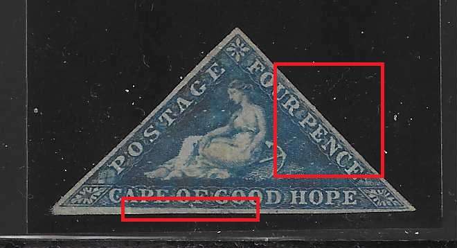 Cape 1855 SACC 6 Stevenson re-entries doubling of base line / markings in "PENCE" tablet. See below.