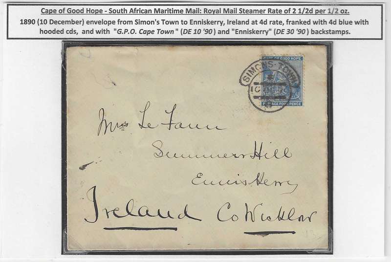 Cape 1890 Royal Mail Steamer cover Simon's Town via Cape Town to Enniskerry, Ireland. See below.