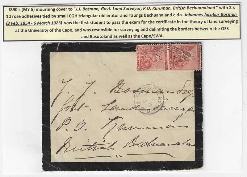 Cape 1890's (MY 5) scarce JJ Bosman mourning cover Cape Town/Kimberley/Taungs.  See below.