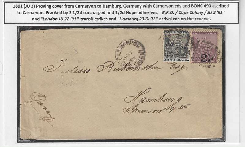 Cape 1891 proving cover Carnarvon cds & BONC 490 via Cape Town, London to Hamburg. See below.