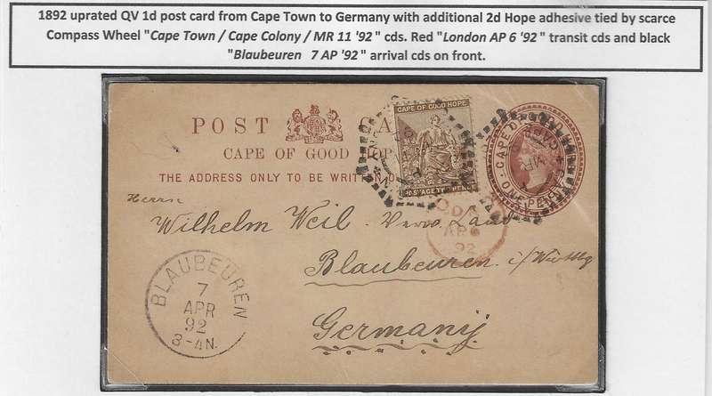 Cape 1892 scarce uprated Compass Wheel cds card Cape Town via London to Germany. See below.