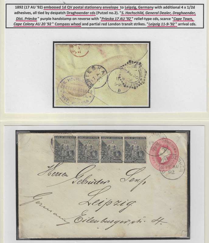 Cape 1892 Rare Draghoender cover via Prieska & Cape Town (Compass Wheel cds) to Leipzig. See below.