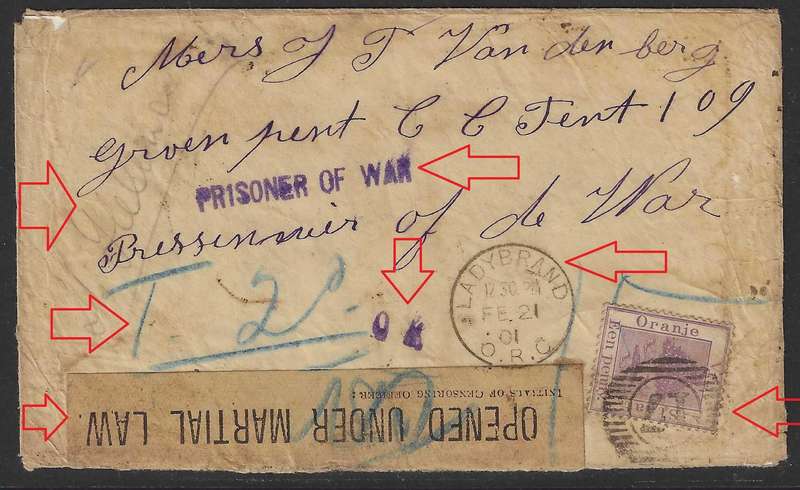 Boer War rarity: 1901 POW Taxed proving cover Ladybrand/Bloem/Green Point/St. Helena. See below.