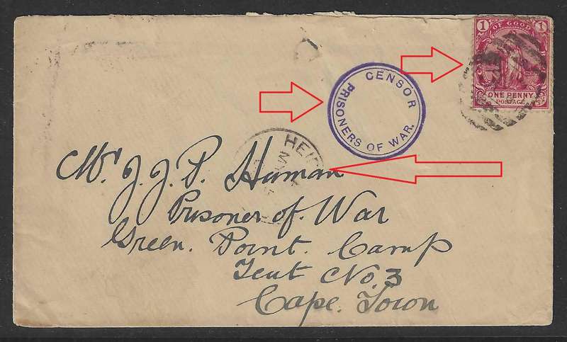 Cape Boer War: Scarce 1901 POW proving cover Heidelberg to Green Point Camp. See below.