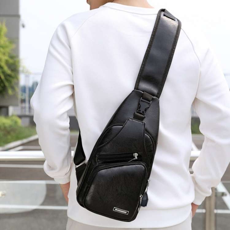 Leather Shoulder Bag for Men with USB Charging Port and Headphone Hole (Various Colors)