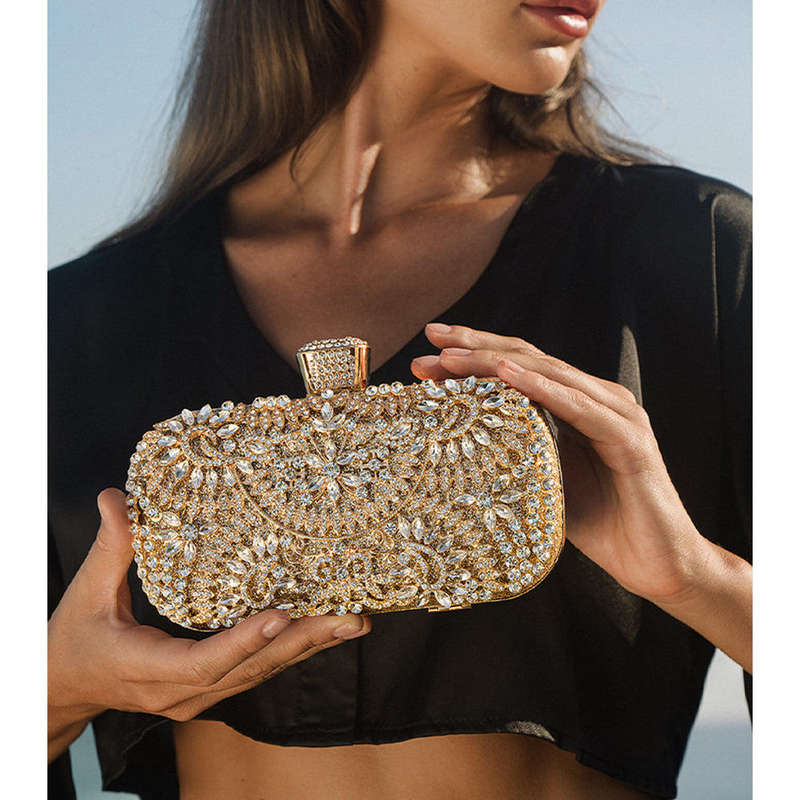 Elegant Ladies Crystal Evening Clutch Bag - Gold