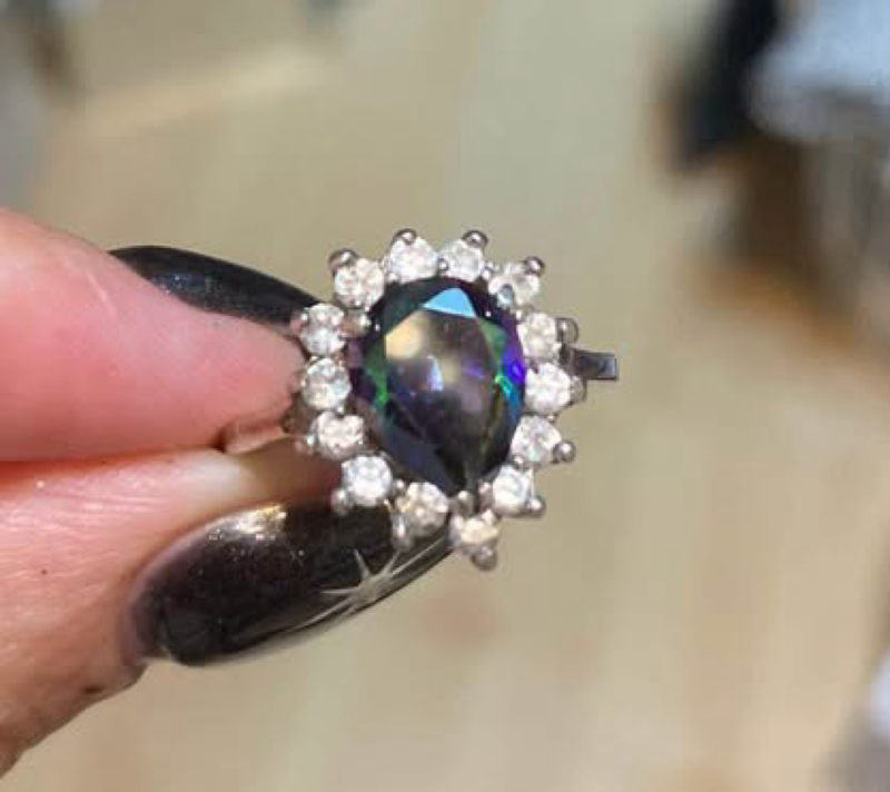 Pear shaped rainbow quartz / mystic topaz 925 silver ring