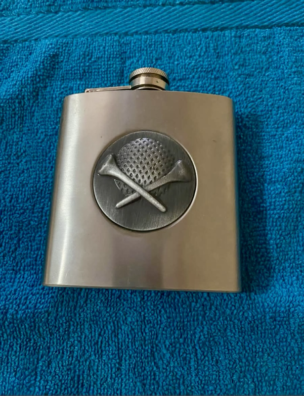 Stainless steel, 6OZ hip flask. Golf themed.