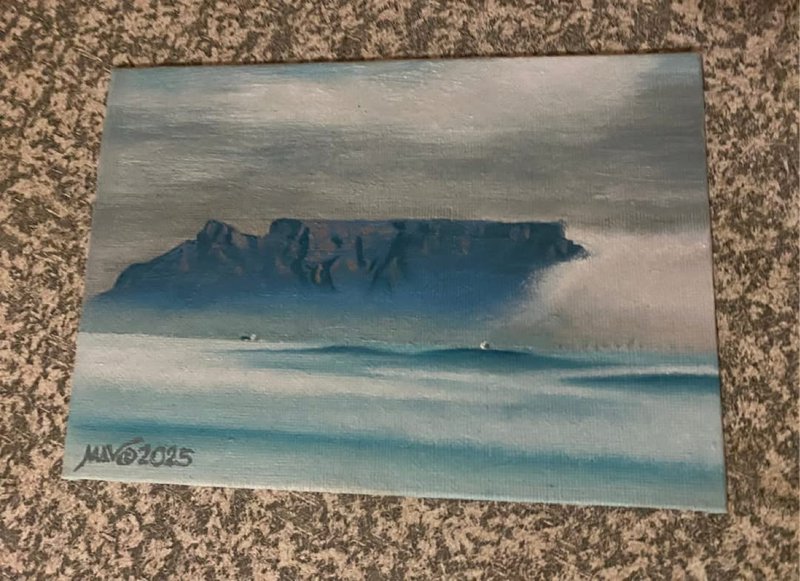 A5 canvas mantle piece painting entitled Table Mountain Misty Morning