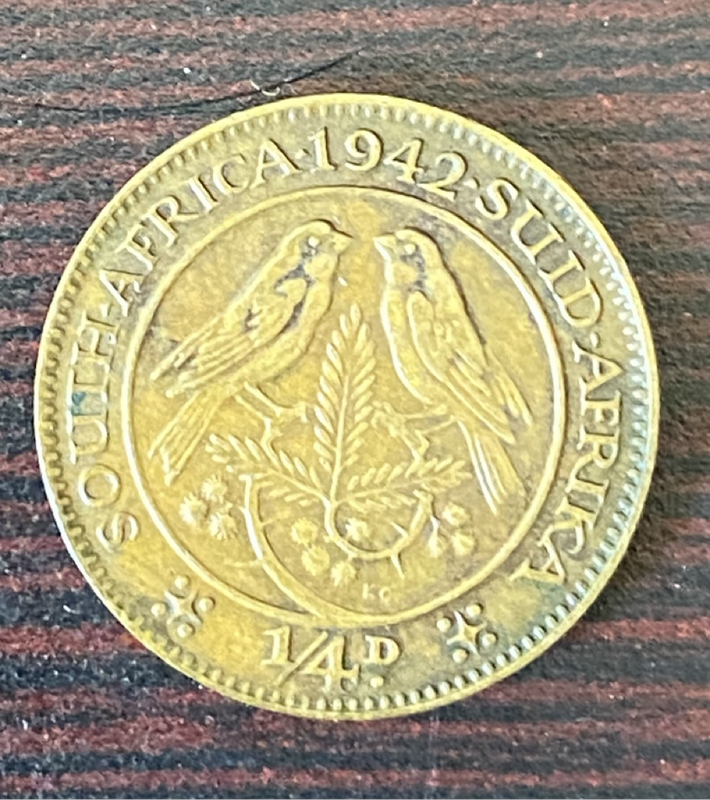 South African Farthing coin, specifically dated 1942. king George version