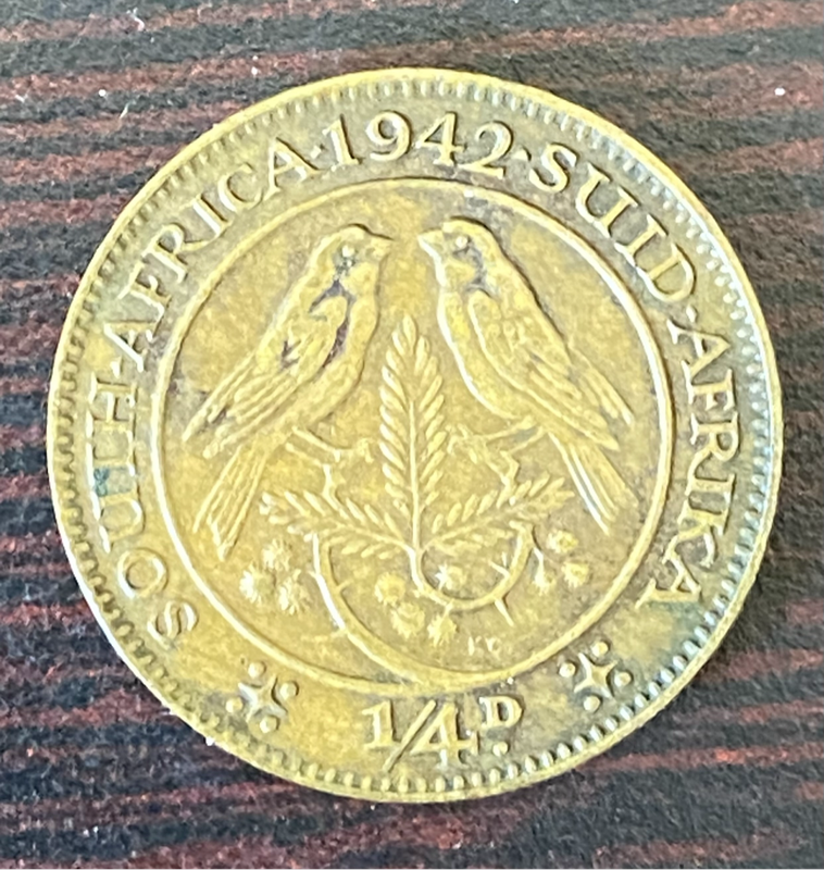South African Farthing coin, specifically dated 1942. king George version