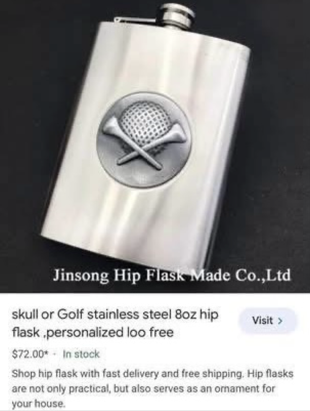 Stainless steel, 6OZ hip flask. Golf themed.