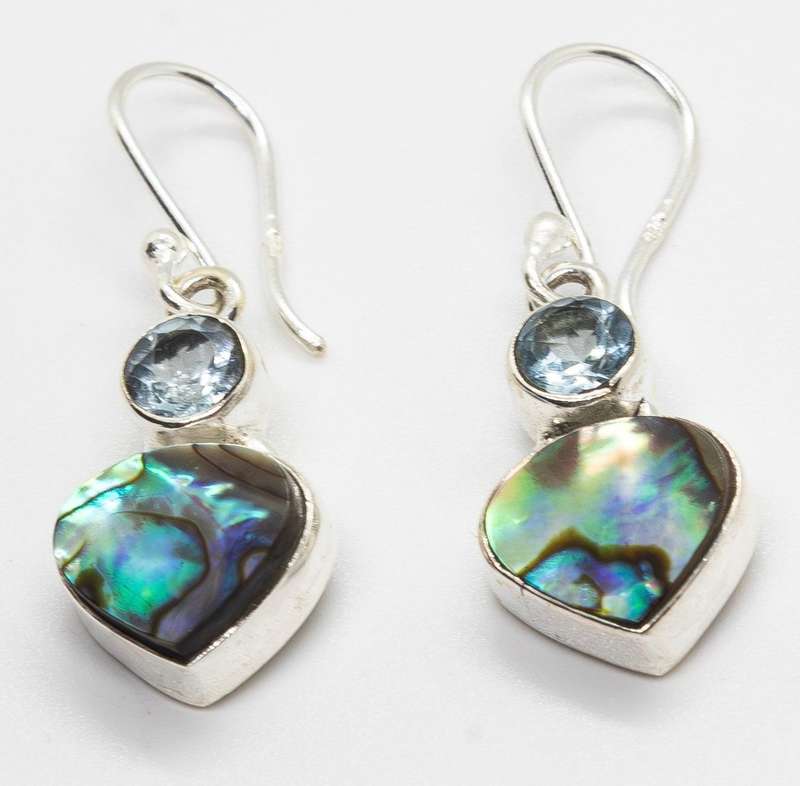 Natural Abalone Shell and Blue Topaz set in Gemstone Solid 925 Sterling Silver Handmade Earrings
