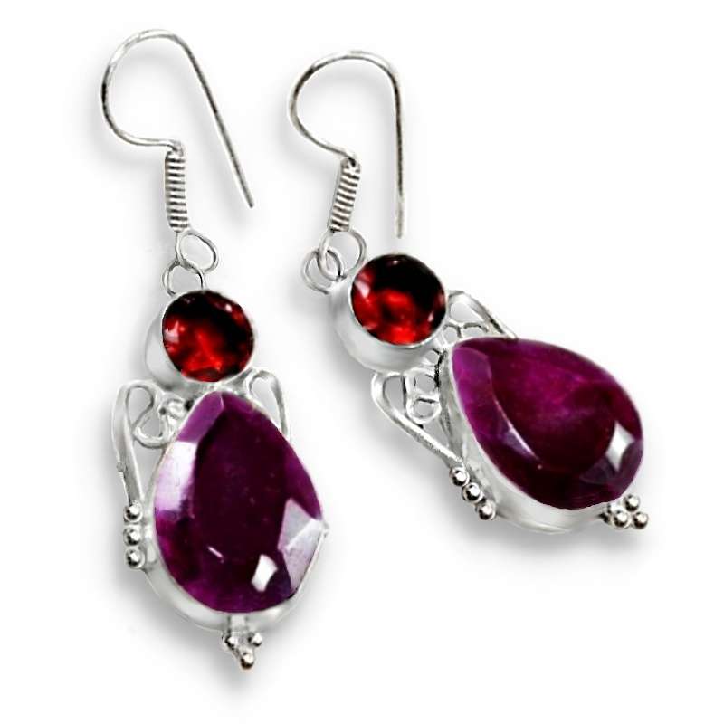 Enchanting Indian Cherry Ruby and Garnet Set in 925 Sterling Silver Plated Handmade Earrings