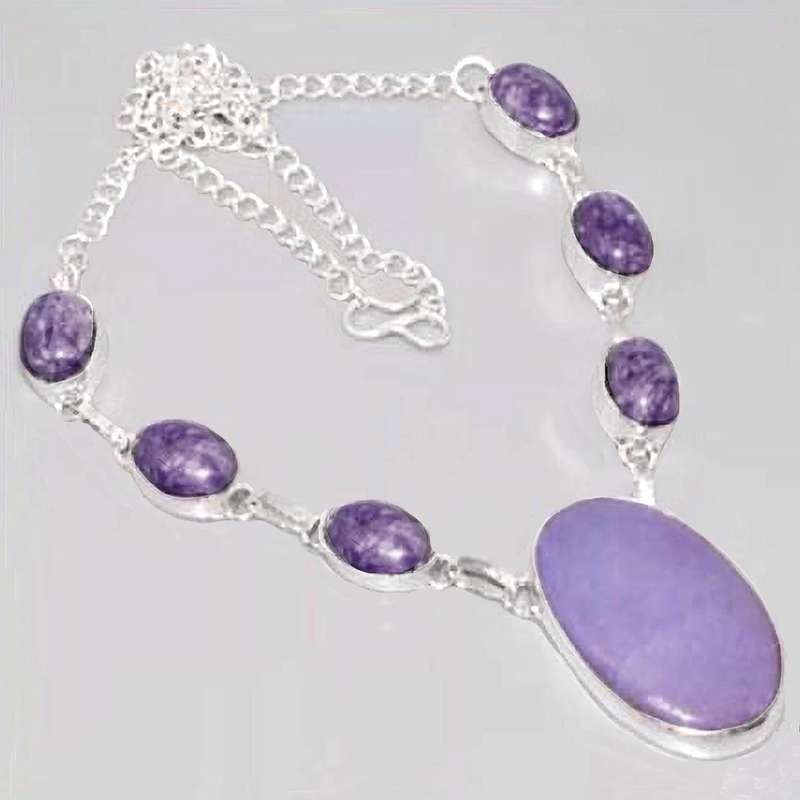 Lilac Mosaic Jasper and Candy Quartz set in 925 Sterling Silver Plated Handmade Necklace