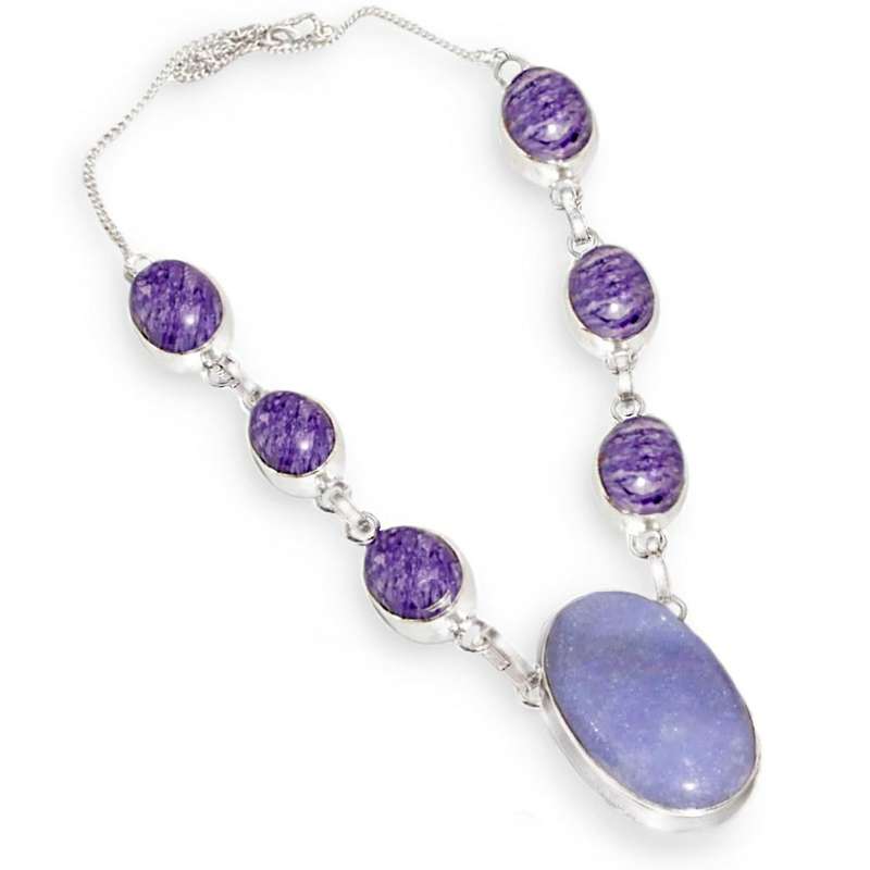 Lilac Mosaic Jasper and Candy Quartz set in 925 Sterling Silver Plated Handmade Necklace