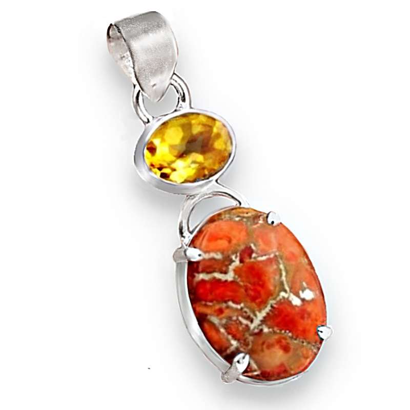 Exquisite 11.04 Cts Copper Turquoise, Citrine - Solid .925 Sterling Silver Pendant