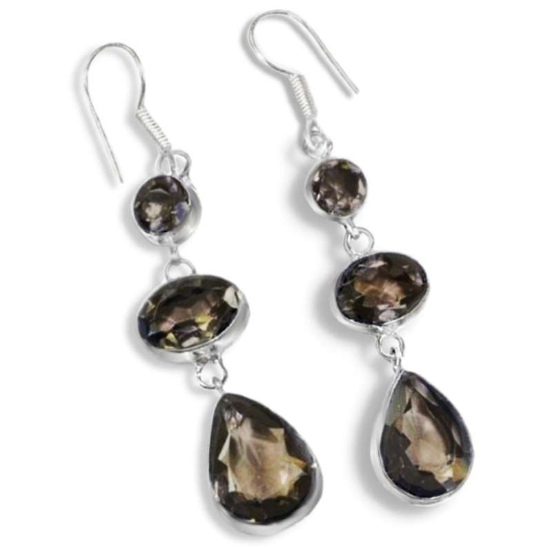Exquisite Natural Brown Smoky Topaz Gemstone 925 Silver Dangle Earrings